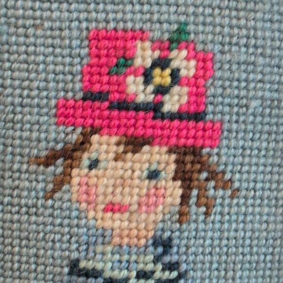 Vintage Framed Needlepoint Art Picture Girl with Pink Hat - Picture 2 of 8